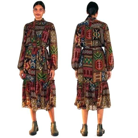 Farm Rio Rauti Tiered Midi Dress Ethnic Patchwork Pattern NWT MEDIUM - Picture 4 of 7